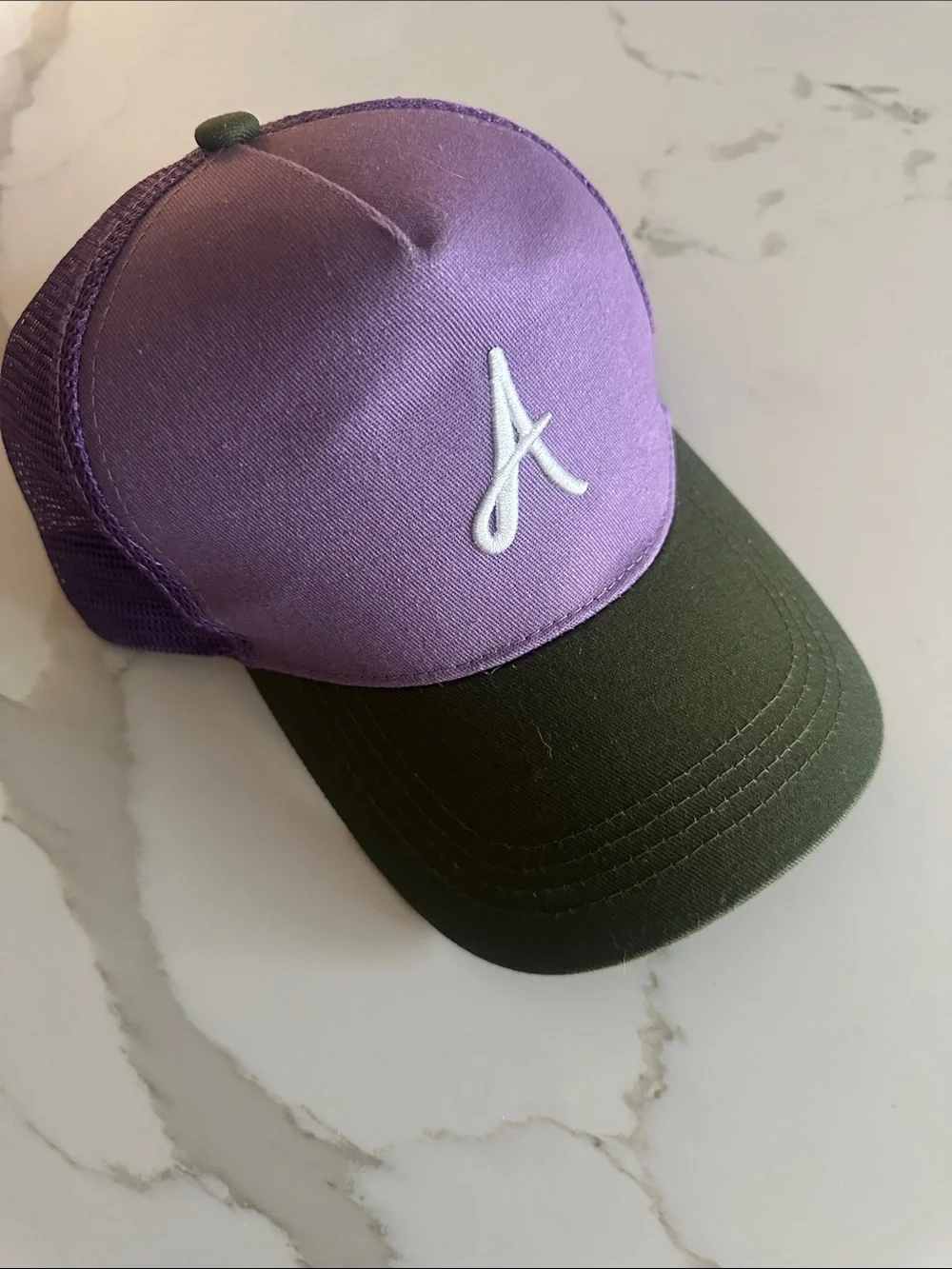Kids Purple and Olive Green Trucker Hat with White 'A' Accent